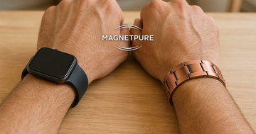 Two wrists side by side, one wearing a smartwatch and one wearing a copper magnetic bracelet