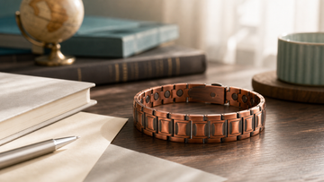 Copper magnetic bracelet on a research desk for a science-based buyer guide