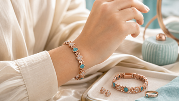 Woman wearing a feminine copper bracelet with turquoise accents by MagnetPure