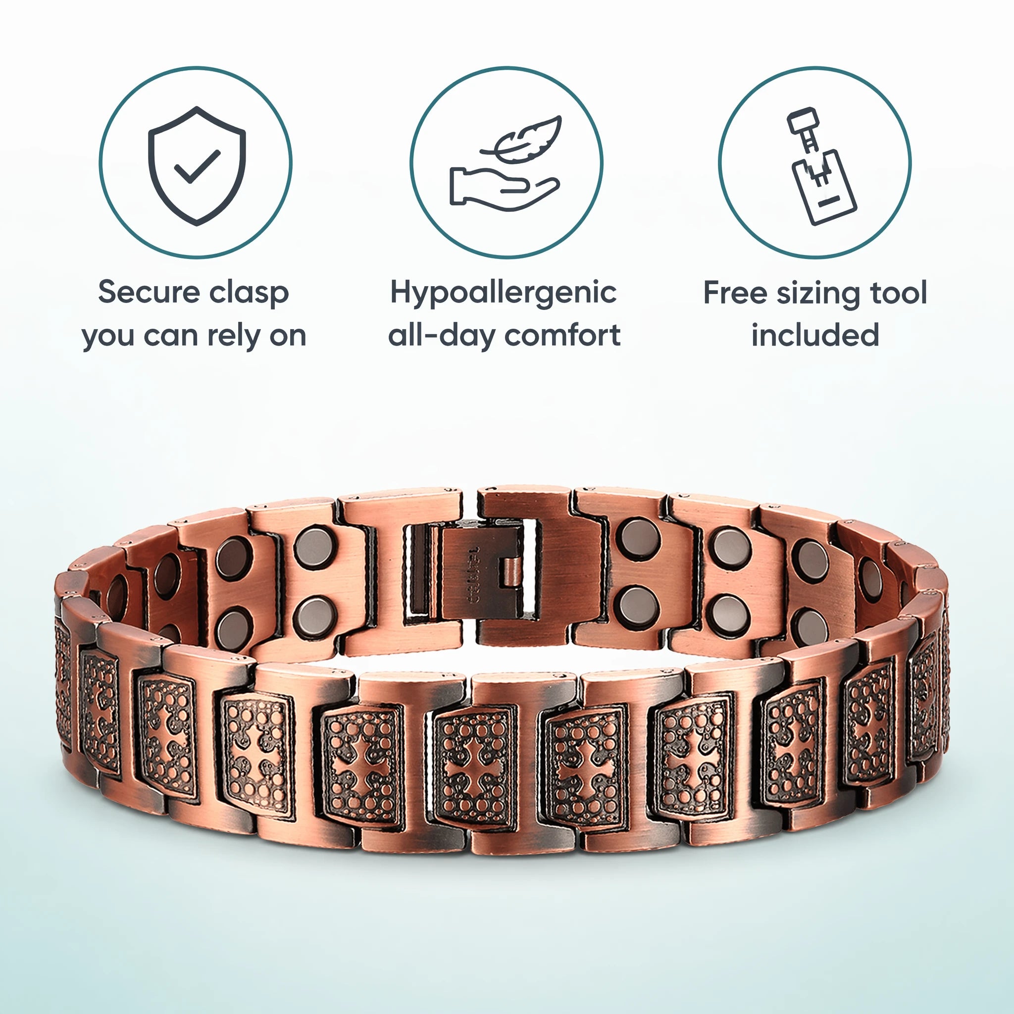 Secure clasp, hypoallergenic comfort, free sizing tool