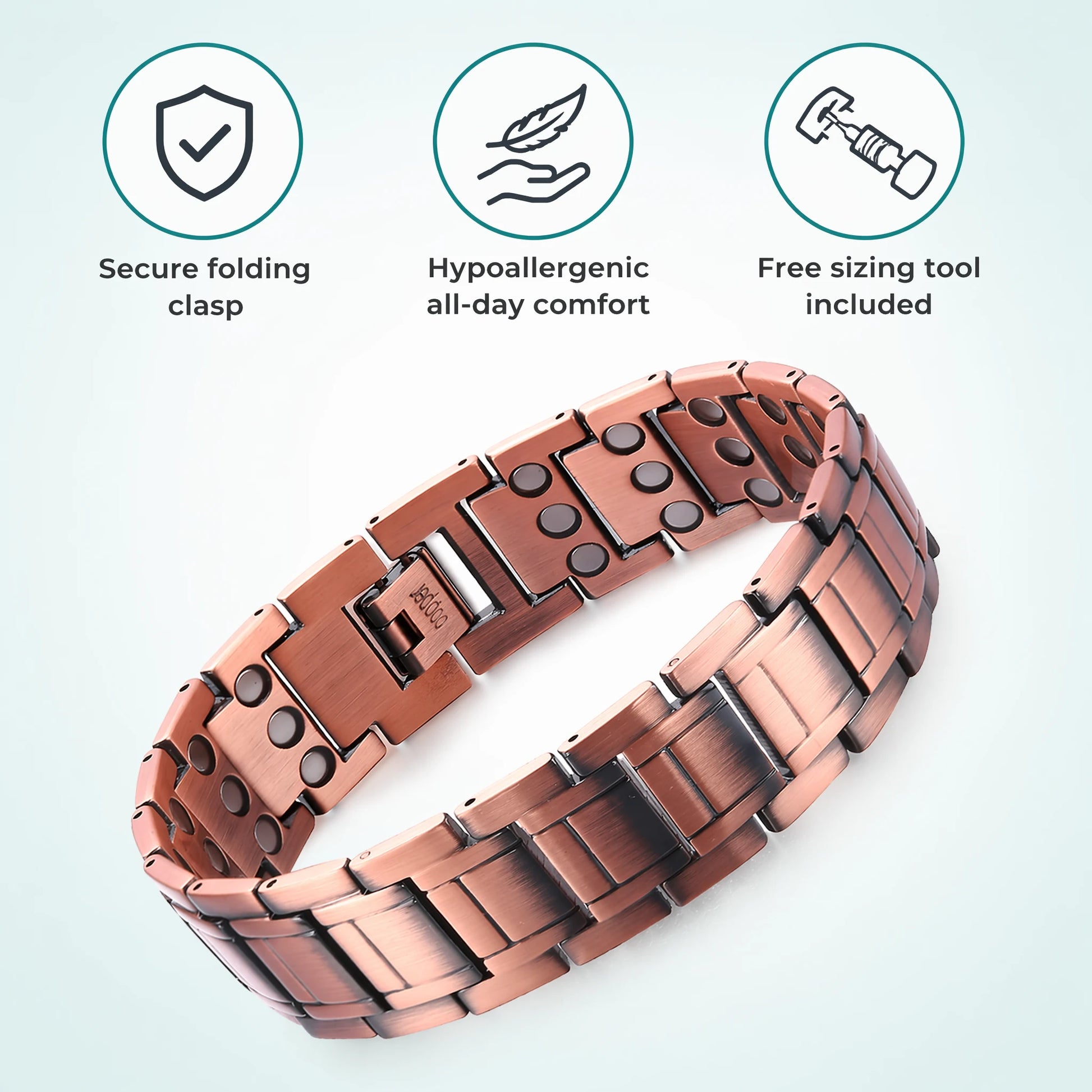 Secure folding clasp, hypoallergenic comfort, free sizing tool