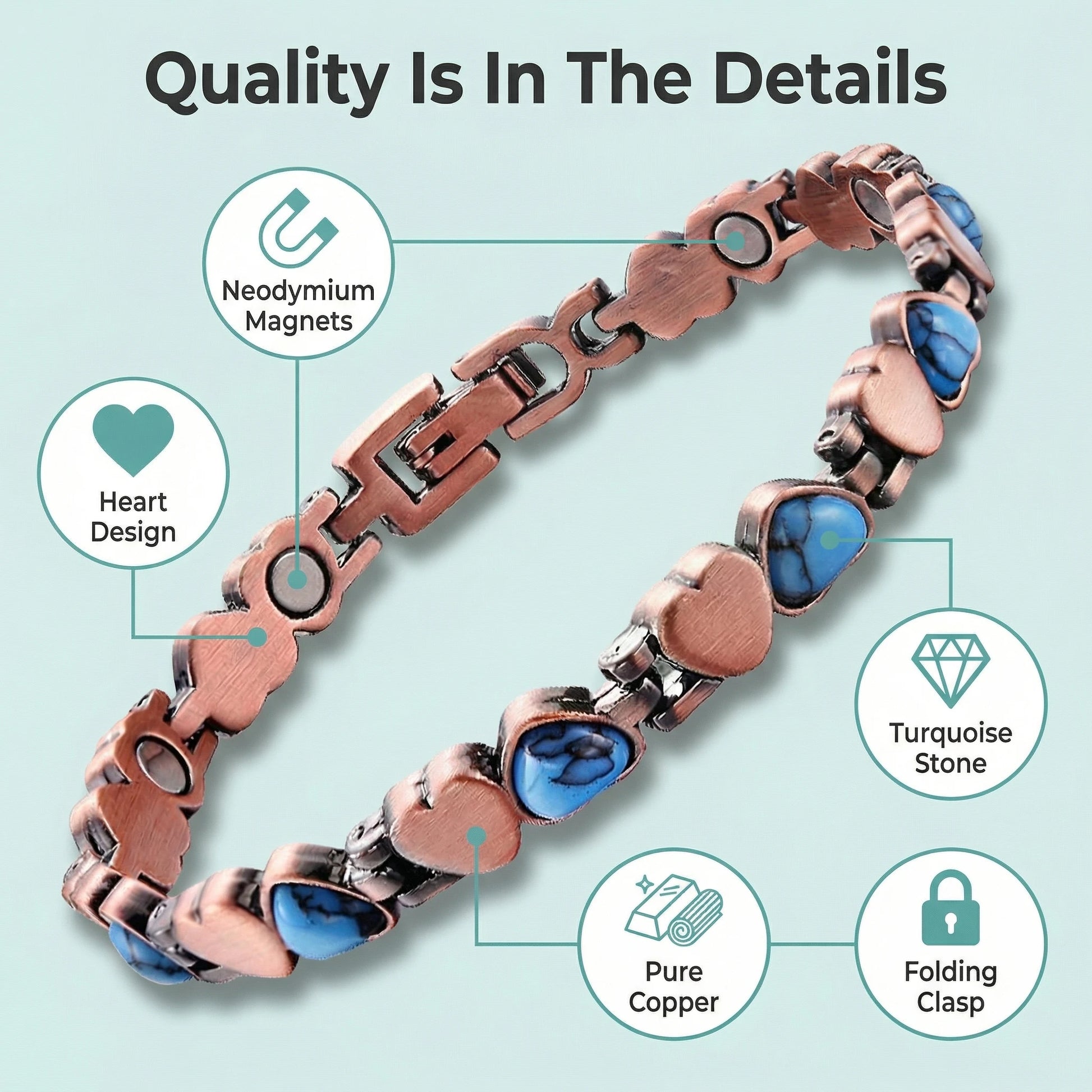 MagnetPure Turquoise Heart Copper Magnetic Bracelet for Women - image 4