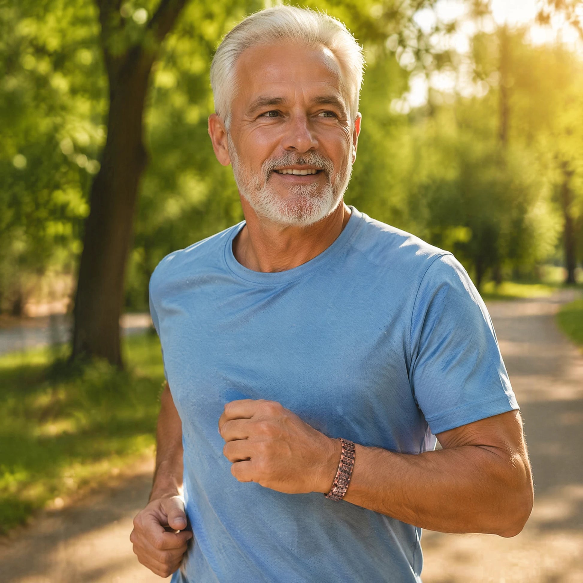 Active senior man jogging wearing MagnetPure Cross copper bracelet