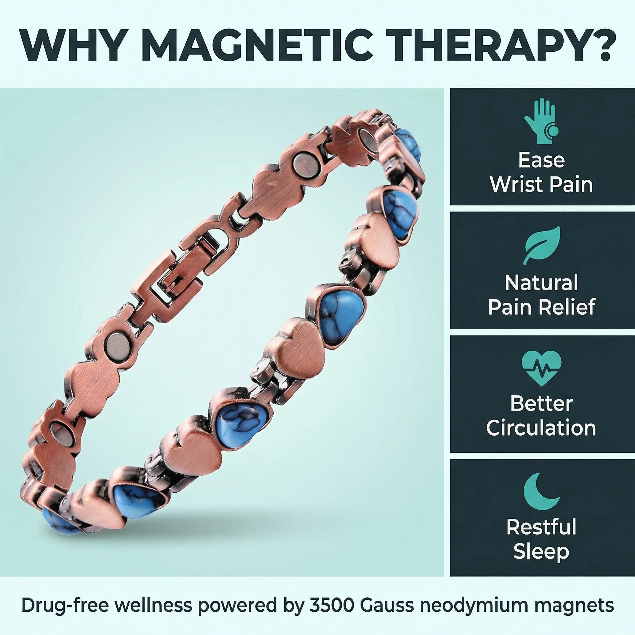 MagnetPure Turquoise Heart Copper Magnetic Bracelet for Women - image 9