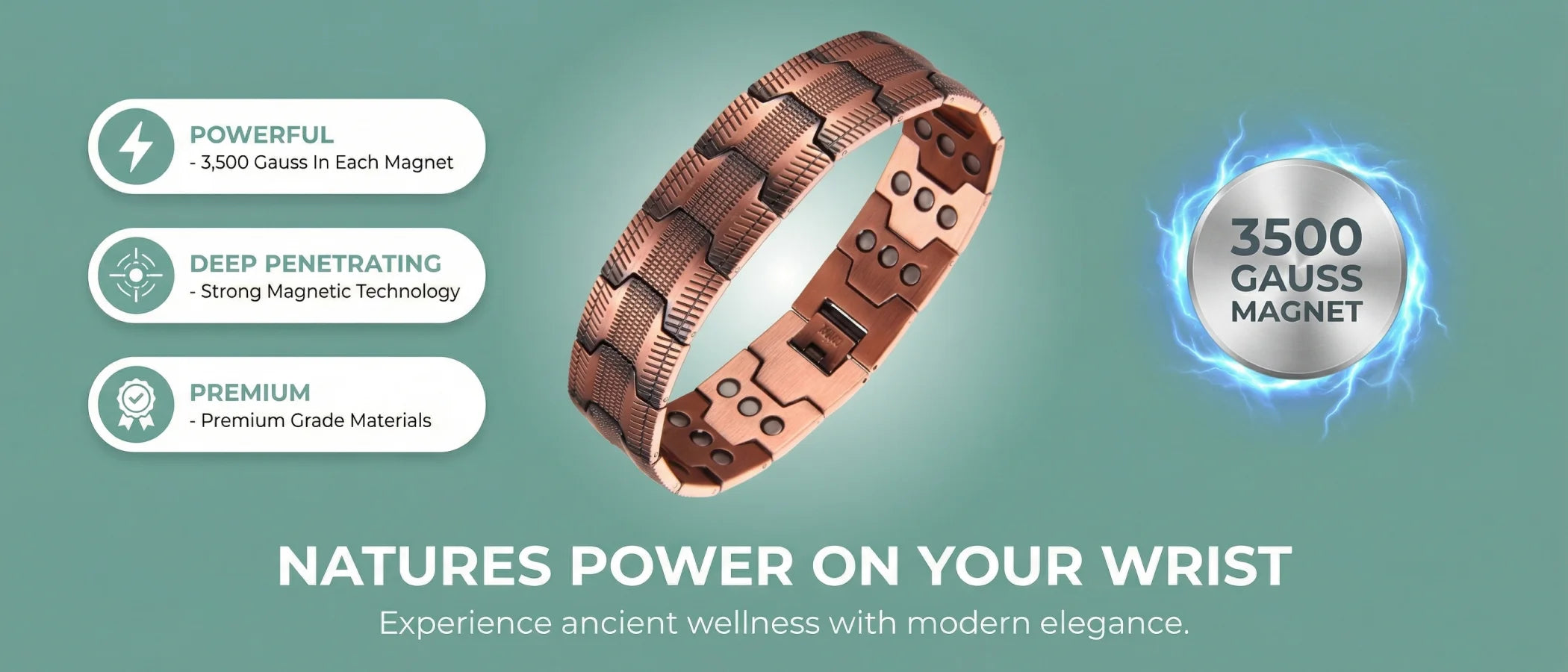 Copper magnetic therapy bracelet with 3500 Gauss neodymium magnets -           powerful, deep penetrating, premium grade materials